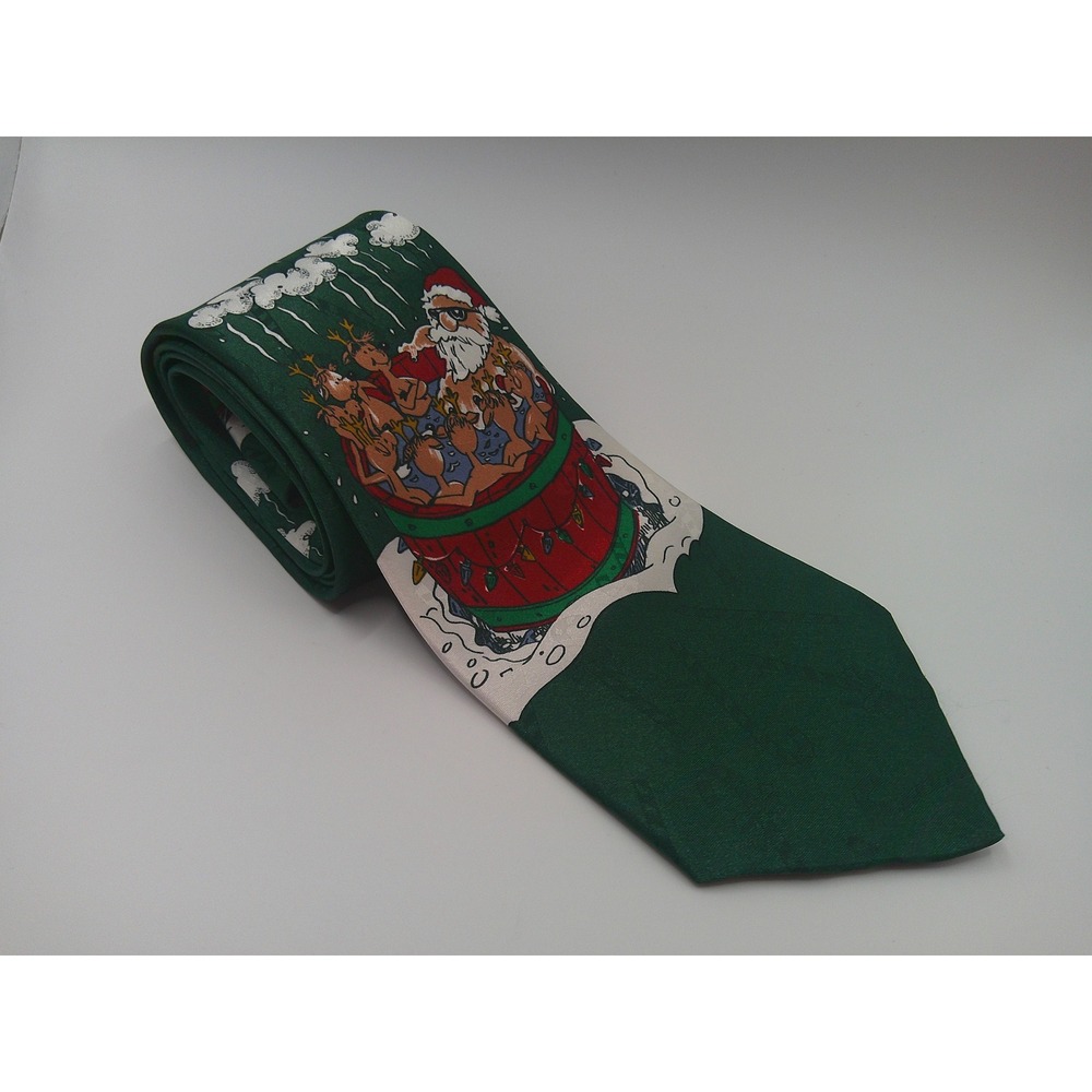 Vintage Hallmark Yule Tie Greetings Santa Reindeer Hot Tub Green Christmas Tie